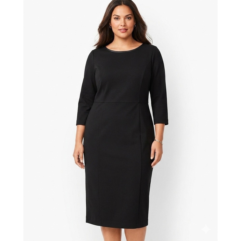 Talbots NWT Black Sheath Dress 16P Petite Faux Leather Trim 3/4 Sleeve Midi $100